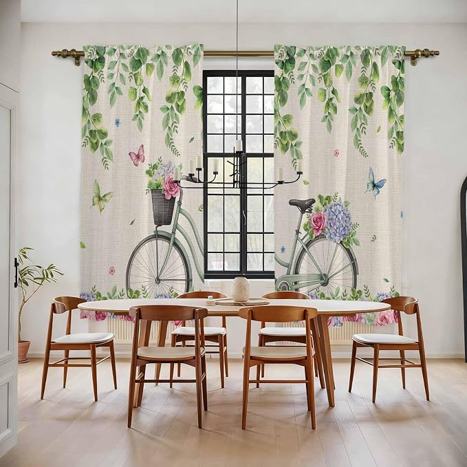 Farmhouse Spring Kitchen Curtains, Retro Bicycles Flowers Vines Butterfly Light