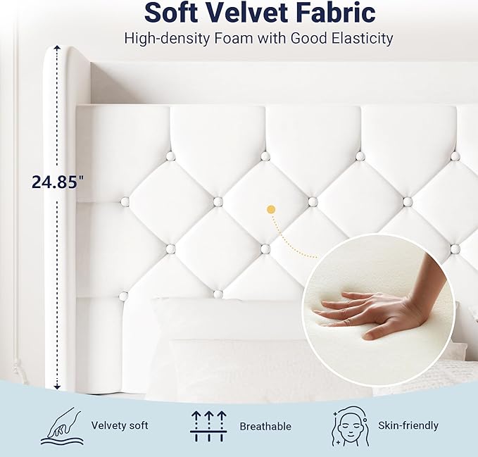 Allewie King Size Bed Frame, Storage Headboard with Charging Station, Wingback Velvet Upholstered, Diamond Stitched Button Tufted, Sturdy Wooden Slats, No Box Spring Needed, Easy Assembly, White