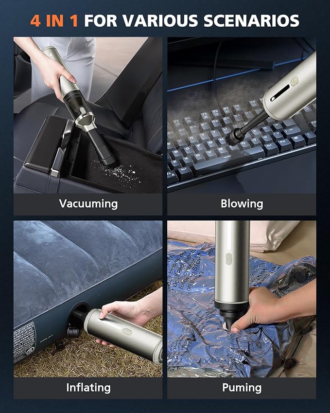 Car Vacuum Portable with 16000Pa Powerful Suction, Handheld Vacuum Cordless Rechargeable Blow & Suction 4 in 1, Small Vacuum Cleaner for Car, Outdoor, Home, Office (Gold Renew)