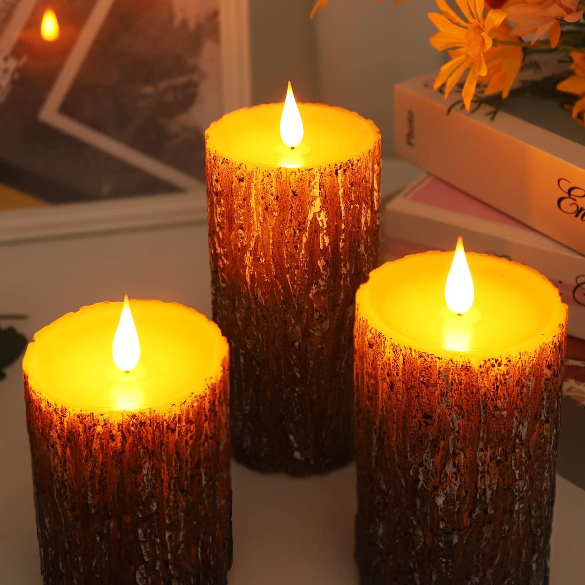 Enpornk Flameless Candles Battery Operated Pillar Pine Effect Real Wax Flickering 3D Wick Electric LED Decorative Candle Sets with Remote Control Cycling 24 Hours Timer, 4" 5" 6" Pack of 3