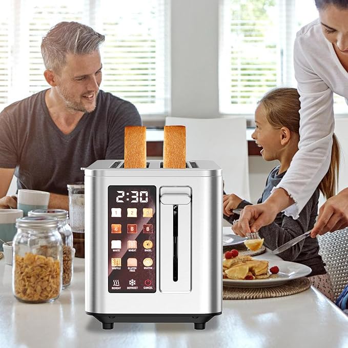 2026 Upgraded TAZTIR Touch Screen Toaster 2 Slice, Premium Stainless Steel Digital Bread Toaster with Timer, 1.5'' Wide Slot, 6 Shade Settings & 6 Bread Types, Bagel Defrost Reheat Cancel Functions