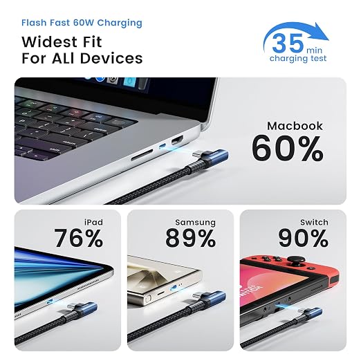 toocki 60W USB C Cable Right Angle Type C Fast Charging Cable 10FT 2-Pack | 2 in 1 Multi USB A/C to USB-C Cable for iPhone 17 16 15 Pro Plus Pro Max Air/MacBook Air/Samsung S25 Ultra/S24/ Note 20