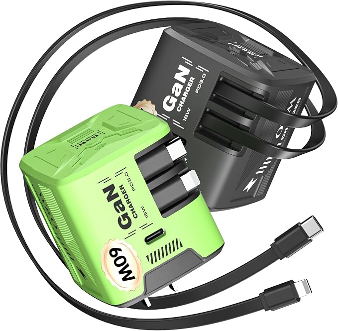 W &amp O 60W GaN Fast Charger Wall Plug Built-in Retractable USB-C &amp L Cables | Retractable Wall Charger with 47.2 Cables One Pull Charging No Cable Mess Solution for iPhone 17/16/15 Galaxy
