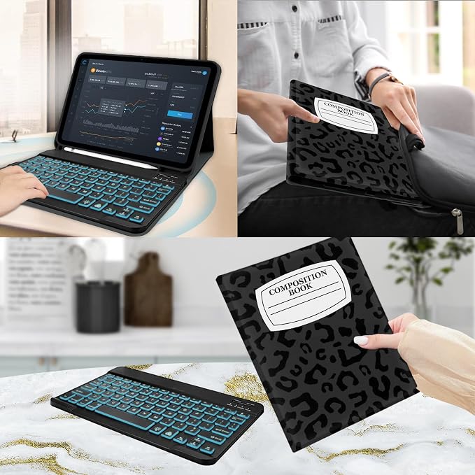 for Bluetooth Keyboard for iPad 10th Gen 10.9 inch (2022) case (A16) 11th / 10th Gen Case 11'' (2025) with 7-Color Backlights Pencil Holder Detachable Rechargeable - Black Cow