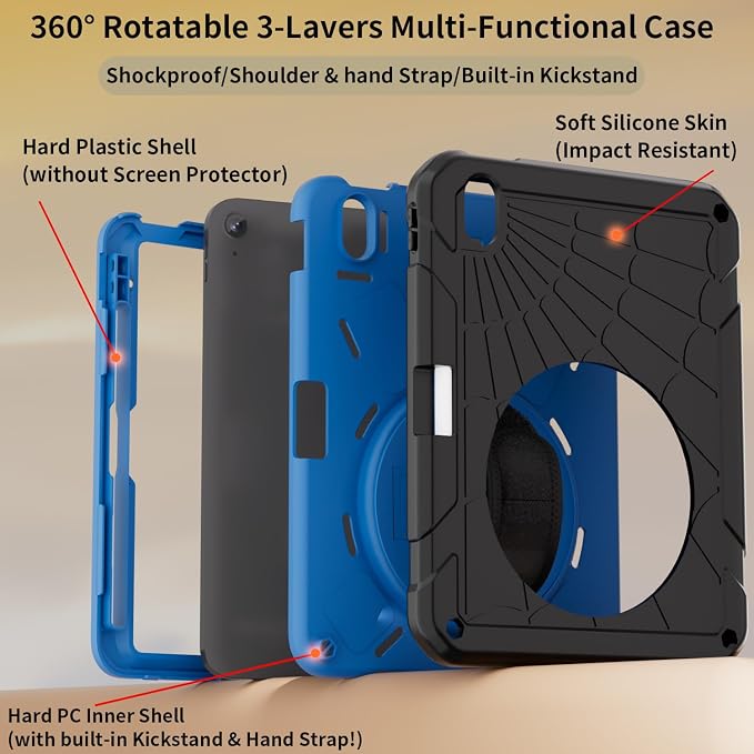 for iPad (A16) 11th/10th Generation Case 2025/2022 (11″/10.9″) Sturdy Heavy Duty Full-Body Shockproof Protective Case Rotating Stand Hand/Shoulder Strap (Black)