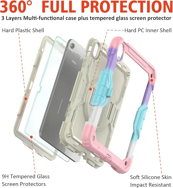 Ambison Case for iPad (A16) 11th/10th Generation 11''/10.9'' Black | Hand Strap 9H Tempered Glass Screen Protector Rotating Stand Shoulder Strap Heavy Duty Shockproof Pencil Holder