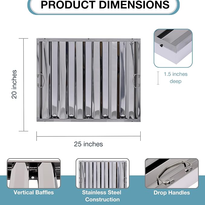 25" x 20" Stainless Steel Commercial Hood Filter – Dishwasher Safe, Welded