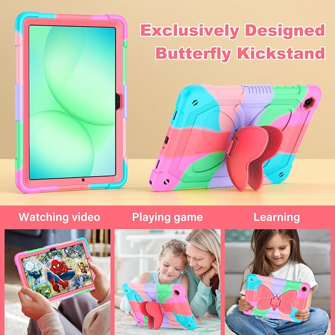 Cover for Samsung Galaxy Tab A11+ Plus/A9+ Plus Case with Screen Protector Galaxy Tab A11+/A9+ 11 inch 2025/2023 Released with Butterfly Stand Shoulder Strap Shockproof case for Kids Girl Colorful