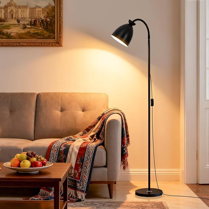 Bright Modern Black Floor Lamp for Living Room Corners Bedroom Bedside Kids room dorm Classroom,Tall Standing Reading Warm Light, 9W LED tri Color Dimming, Goose Neck Adjustment, Cheap Work Desk Lamp