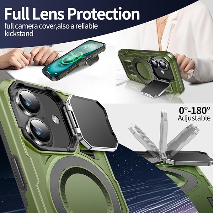 Camera Stand Case for iPhone 16, [Compatible with Mag Safe] [Lens Cover] 2024 Version Military Grade Protective Soft Case for iPhone 16 6.1 inch Men Women, Green