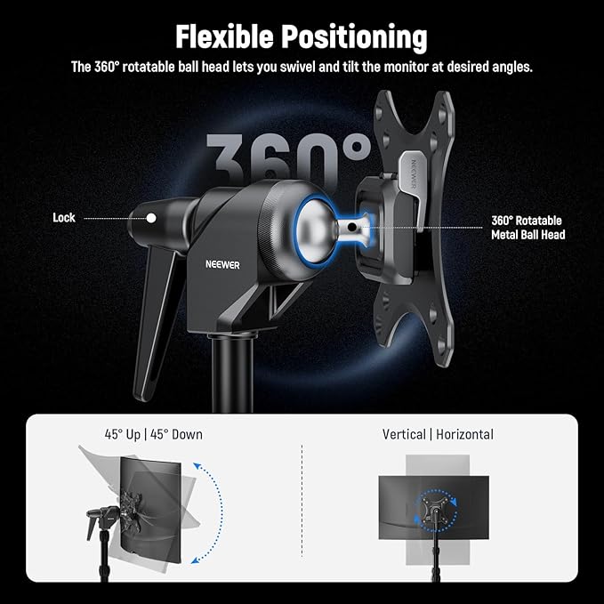 NEEWER VESA Monitor Mount Adapter with Arca Type Quick Release, 360° Rotatable Ball Head, M4 Screw & 5/8" Receiver Light Stand Adapter for TV Screen, Field Monitor, C Stand, Max Load: 44lb/20kg, MA016