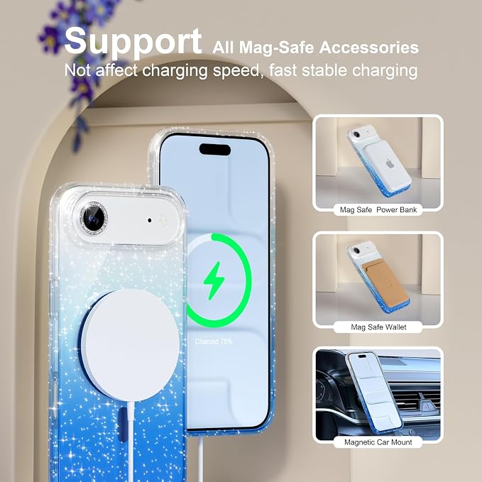 Choiche for iPhone 15 Pro Max Case Compatible with MagSafe Glitter Black | Women Girly Cute Glitter Sparkly Magnetic Phone Case with Diamond Camera Lens Protectors Military-Grade Drop Protection 6.7