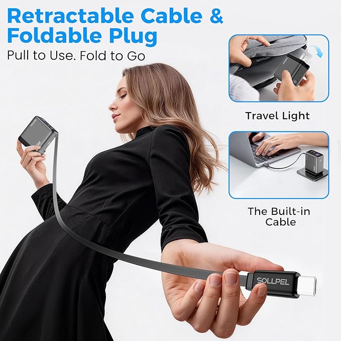100W GaN USB C Retractable Charger with Smart Display Compact 3-Port Fast Charging Wall Adapter with Foldable Plug for MacBook Pro/Air iPhone 17/16 Galaxy S26 iPad