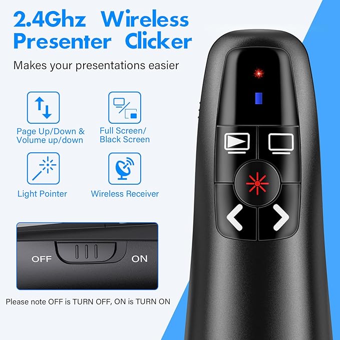 NinjaABXY Presentation Clicker with 2-in-1 USB Type C, Wireless Presenter Remote Clicker for PowerPoint Presentations, Pointer RF 2.4GHz USB PowerPoint Clicker Slide Advancer with Volume Control