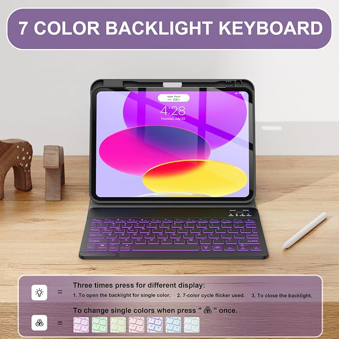 Soke for iPad (A16) 11th/10th Gen Case with Keyboard Black Marble | For iPad 11/10.9 inch(2025/2022) 7 Color Backlight Magnetic wireless Detachable Keyboard Case Built-in Pencil Holder