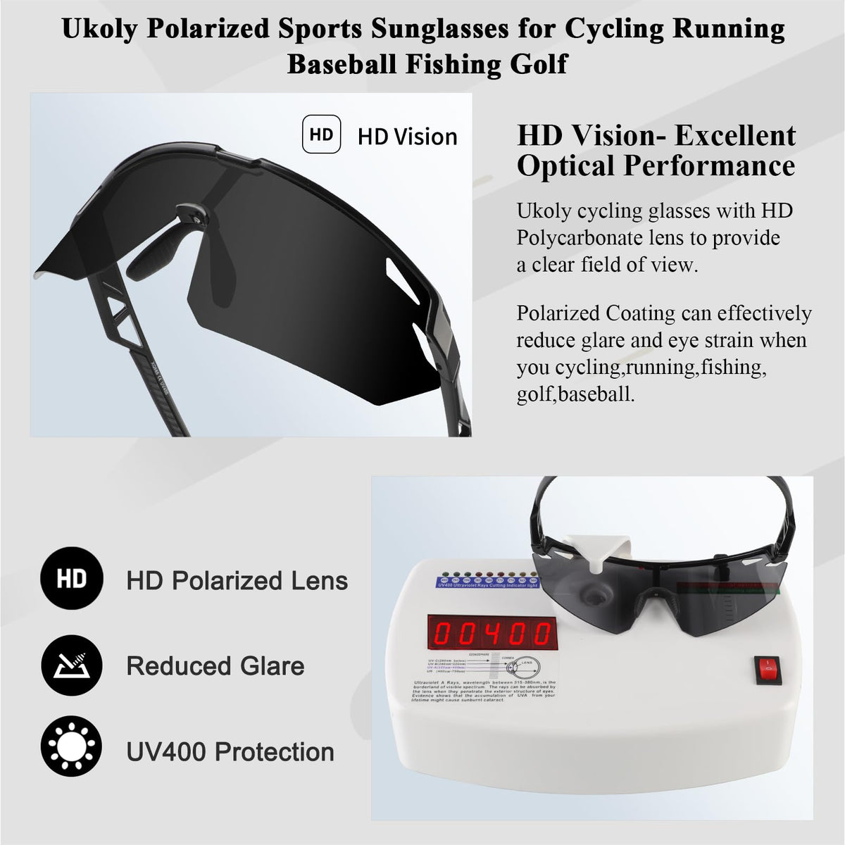 Ukoly Polarized Sport Sunglasses for Men Women,UV400 Protection HD Lens