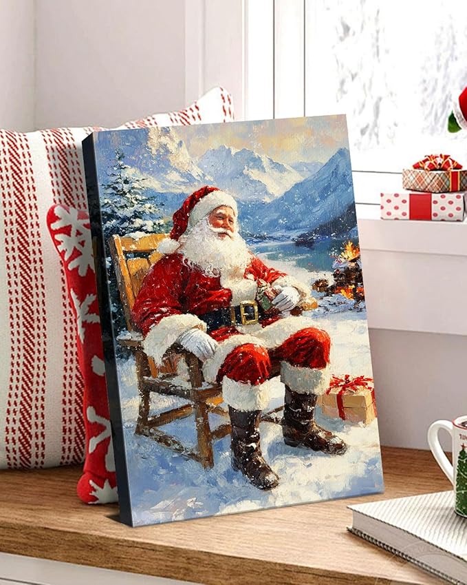 Vintage Santa Claus Christmas Canvas Wall Art - Festive Holiday Painting for Living Room,Bedroom & Bathroom, Cozy Winter Decor Framed Print, Perfect Christmas Gifts & Home Decoration