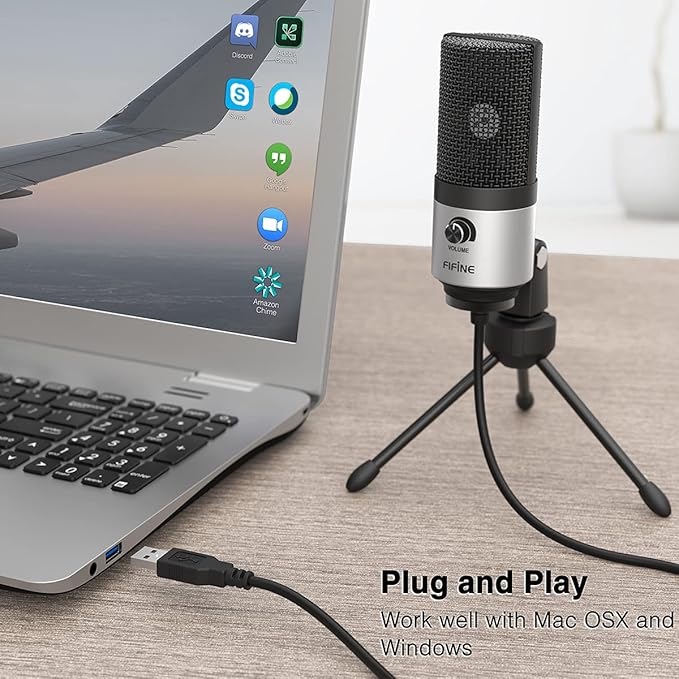 FIFINE USB Microphone for Zoom Video Meeting Online Class on PC Computer, Metal Condenser Desktop Mic with Gain Control for Windows and Mac, Silver - K669S
