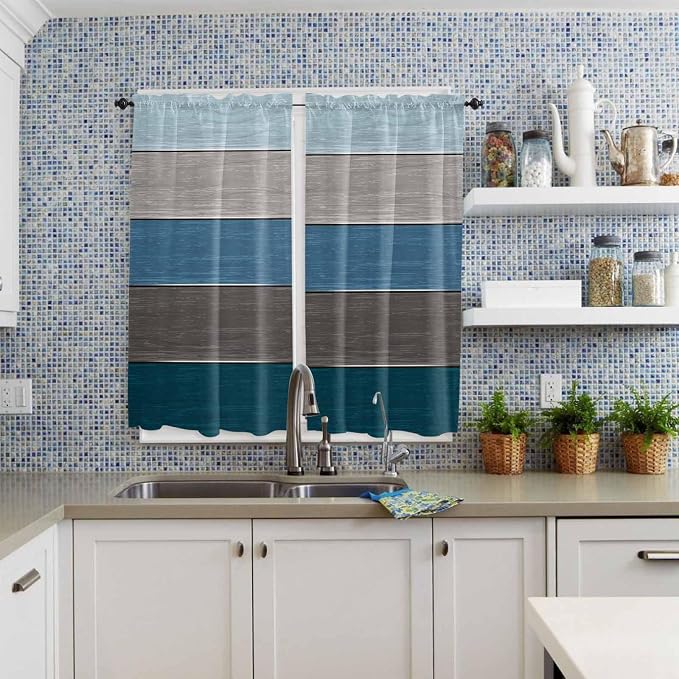 Retro Farm Blue Gray Wood Grain Window Valance Curtains, Rustic Wooden Plank