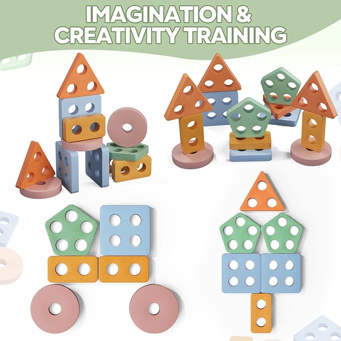 PEBIRA Montessori Toys for 1 2 Year Old, Wooden Sorting and Stacking Toys for Toddlers, Baby Shape Sorter and Color Stacker Blocks for Toddler, Preschool Learning Toy, Gift for 12-18 Month Boys Girls