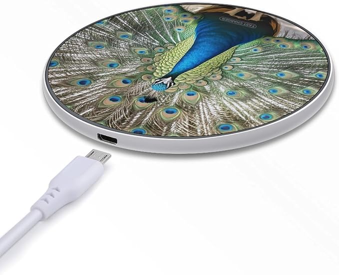 Peacock Pattern Wireless Charger with USB Cable Qi-Certified 10W Fast Wireless Charging Pad Portable Charging Station Anti-Slip Slim Charger Mat for All Qi-Enabled Phones