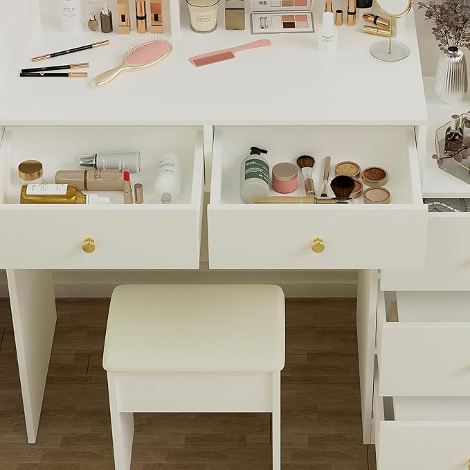 Makeup Vanity Desk with Mirror & LED Lights, Cushioned Chair, Vanity Table Set for Bedroom with 5 Storage Drawers, Stylish Dressing Table with 3 Color Lighting for Girls & Makeup Enthusiasts