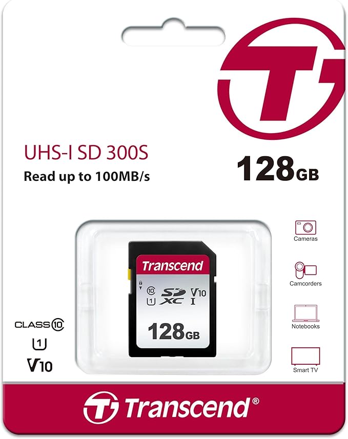 Transcend SDC300S SDXC Memory Card 128GB, Up to 100MB/s, for Canon Nikon Sony Camcorder, SPYPOINT TACTACAM WOSPORTS Trail Camera, Panasonic Cameras, UHS-I U1 V10, Full HD Class 10 High-Speed SD Card