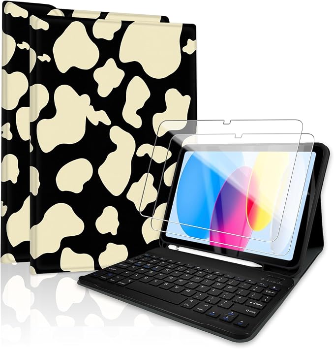 for Bluetooth Keyboard for iPad 10th Gen 10.9 inch (2022) case (A16) 11th / 10th Gen Case 11'' (2025) with 7-Color Backlights Pencil Holder Detachable Rechargeable - Black Cow