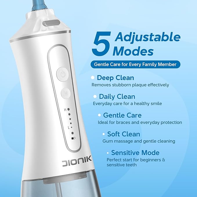 DIONIK Water Flosser Cordless for Teeth, Rechargeable & Portable Water Flosser for Adults, Electric Oral Irrigator with 5 Modes, IPX7 Waterproof, 300ML Tank for Braces, Gum Care & Travel