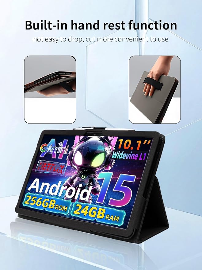 Case for VekfulPC T20 Tablet 10 Inch Android 15 TabletUYRUREL Leather Slim Folding Stand Cover with Hand Strap Magnet for Men Women Full ProtectionBlack.