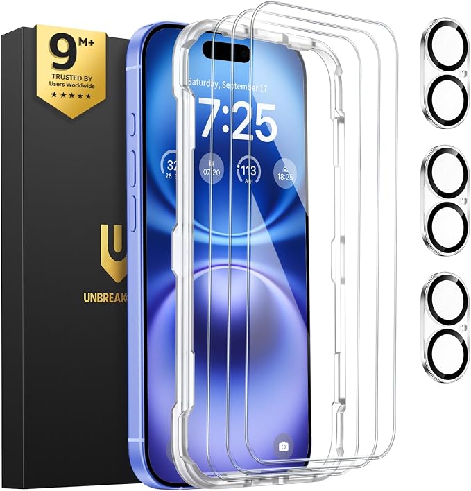 UNBREAKcable iPhone 15 Screen Protector 3-Pack Upgraded Dual-Tempered Glass + 3 Camera Lens Protectors Military-Grade 9H Hardness HD Clarity Anti-Fingerprint Case Friendly 6.1 Inch | Upgraded Du