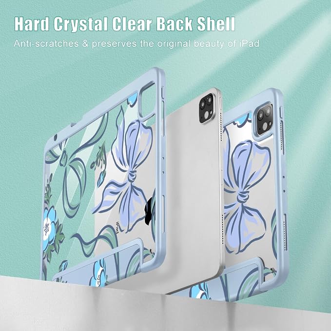 Mektron Case for iPad Pro 11 inch Case M2 2022 Generation 4th Fit 2021 2020 2018 iPad Pro 11 (3rd 2nd &amp 1st Gen) -Buit in Pencil Holder with Shockproof Cover Clear Shell Blue Bows &amp Flower