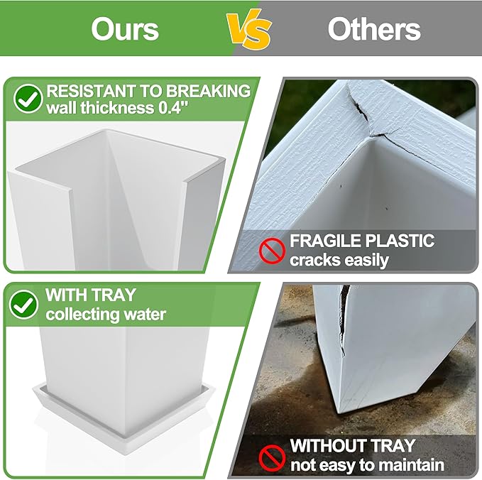 Elevens Set of 2 Tall Outdoor Planters 24 Inch, Large Planters for Indoor Outdoor Plants, Tapered Square Flower Pots with Tray for Patio,White