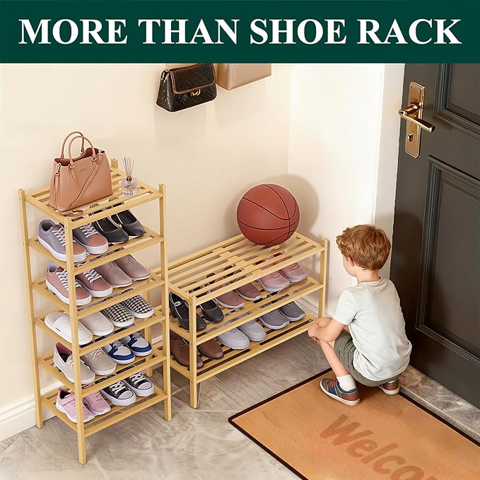 Smiry Small Bamboo Shoe Rack 6-Tier, Stackable Wooden Shoe Organizer for Entryway & Closet, Free Standing Wood Shoe Storage Shelf for Front Door & Small Spaces, Natural