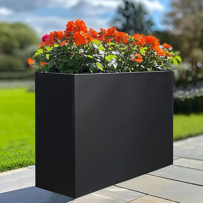 BAYN Metal Rectangular Planter Box Tall Planters for Outdoor Plants Modern Heavy Duty with Drainage Holes for Outside Indoor Patio Deck - Black, 32”x 12”x 24”