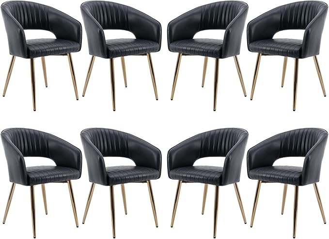 Modern Dining Chairs Set of 8, Upholstered PU Leather Gold Dining Room Chairs with Hollow Back, Accent Armrest Kitchen Chairs with Gold Legs for Living Room Black