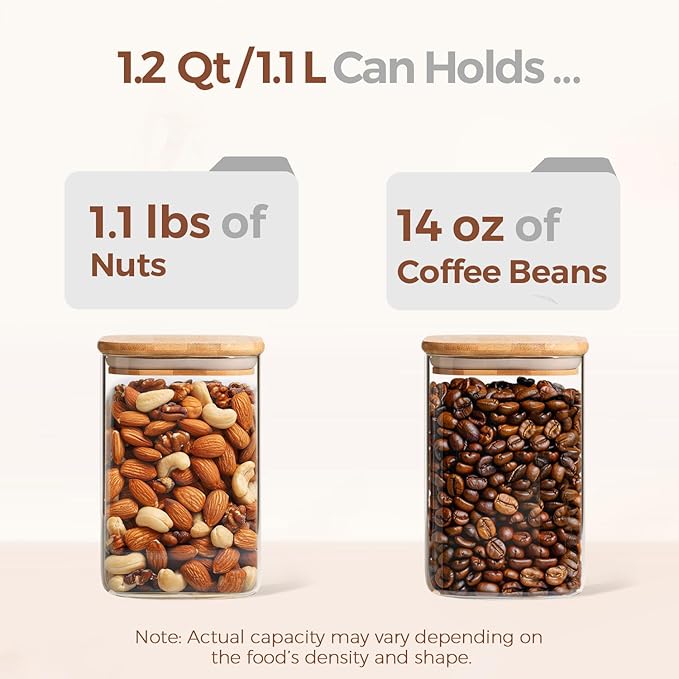 ComSaf 1.2 Qt Glass Storage Containers with Lids, Glass Jars with Lids, Clear Food Storage Jar, Square Canister Set of 9, Pantry Organizers and Storage for Cookie Flour Oat Pasta Tea Coffee Bean