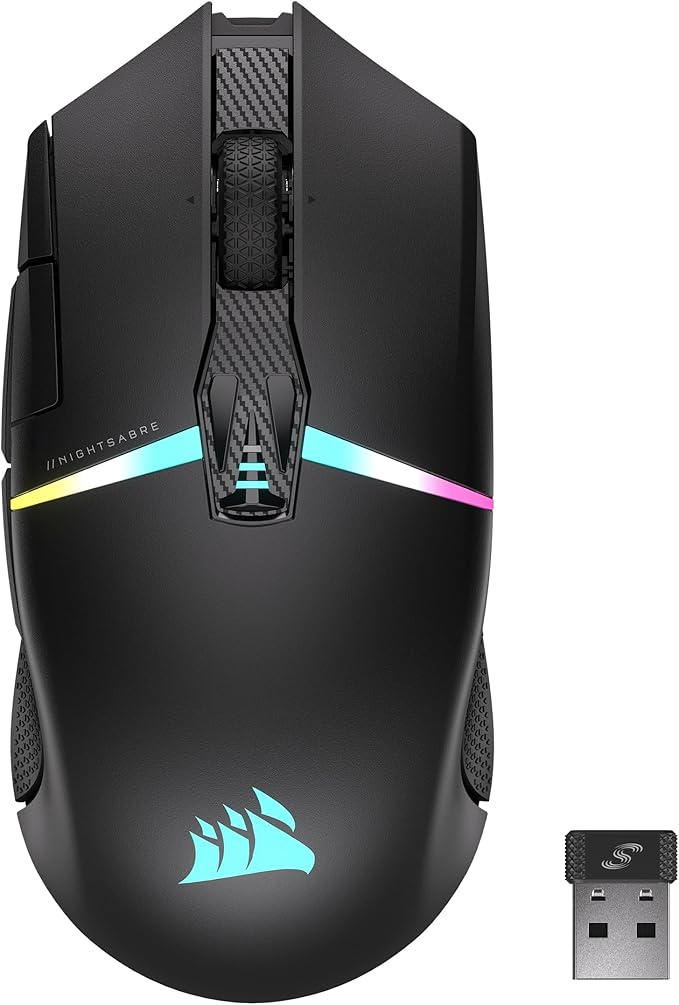 Corsair NIGHTSABRE RGB Wireless Gaming Mouse for FPS, MOBA - 26,000 DPI - 11 Programmable Buttons - Up to 100hrs Battery - iCUE Compatible - Black