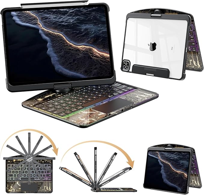 360°Rotation Bluetooth Keyboard Case for iPad 11th Gen（A16）10th 10.9 inch | iPad keyboard case 11/10th generationTouchpadKeyboard Battery Level Visualization360° rotateand 180° flip7-color backlit