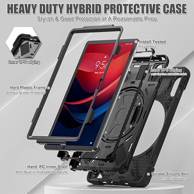 Case for Galaxy Tab S10 FE+ 13.1 2025 with Screen Protector+360 Rotating Hand Strap&ampStand+Shoulder Strap (Black)