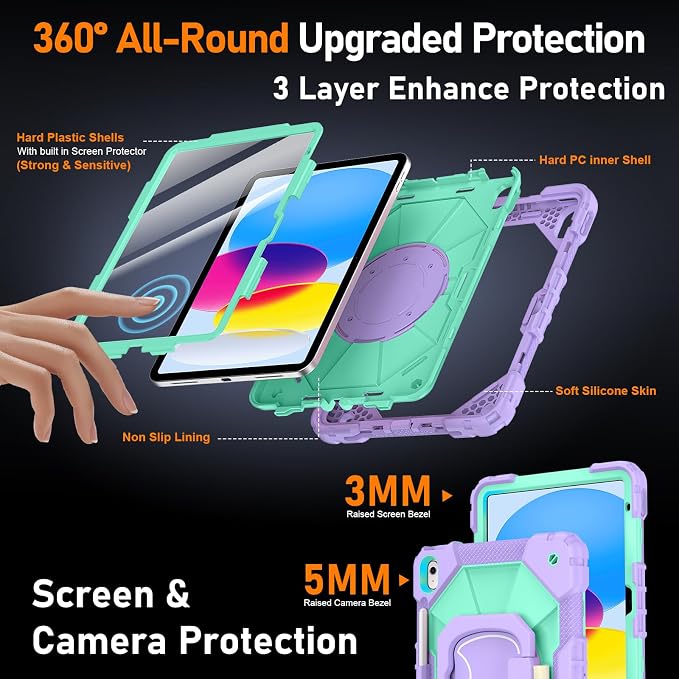Case for iPad A16 11th/10th Generation 11/10.9 Inch 2025/2022 Dinines Full-Body Drop Protection Shockproof iPad a16 Case with Screen Protector 360° Rotating Stand Shoulder Strap Pencil Holder Black