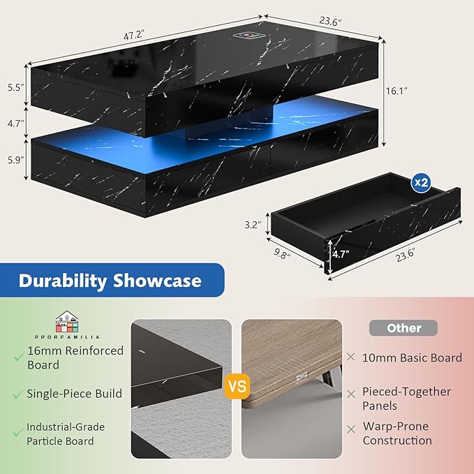 LED Coffee Table, 47.2" Coffee Tables with Storage Drawers, Smart Living Room Table with Wireless Charging & Bluetooth Speaker,Modern Center Tables for Living Room, Black Marble