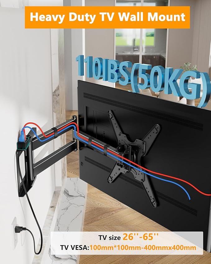48'' Extension Extra Long Arm TV Wall Mount with Power Outlet, Rotating TV Wall Mount 180° Full Motion Heavy Duty for 26''-65'' Screens, VESA 400x400mm, Load 110 lbs, 16''Wood Stud/Concrete/Brick Wall