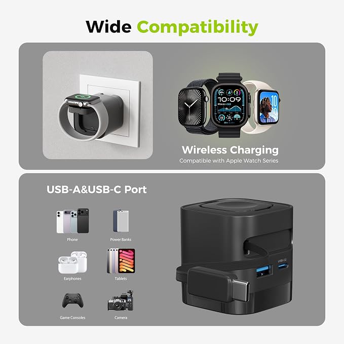 Charging Blocks for Apple Watch CHARCO 35W Retractable USB C Charger Block | 1 USB C and 1 USB A Wireless Smart Watch Charger with Foldable Plug Compatible with iPhone AirPods iWatch 1 Pack. With