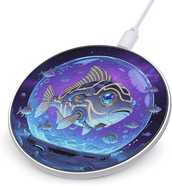 Fish Wireless Charger with USB CableAluminum Alloy Frame 10W Max Compatible Fast Wireless Charging Pad- 3.2ft Cable Included for Travel Home Office Desk