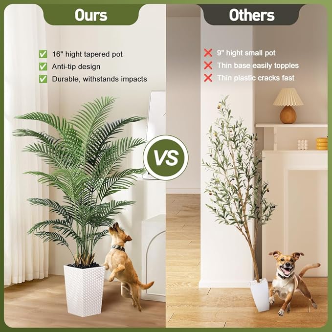 6FT Artificial Palm Tree - Tall Fake Tree with White Taper Planter & Pebbles, UV Resistant for Indoor & Outdoor Decor - Large Potted Faux Plant for Living Room, Office, Home Decor,VN130