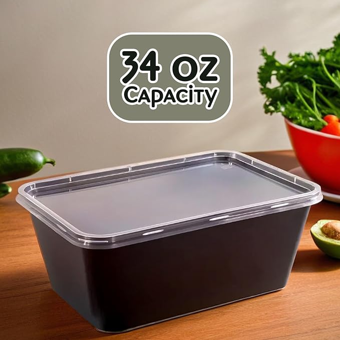 Bluesky Versatile Rectangle Containers-(Pack of 10) -Perfect for Meal Prep & Storage, 34 oz, Black