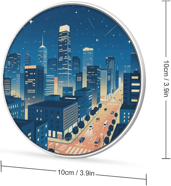 City Night Wireless Charger with USB CableAluminum Alloy Frame 10W Max Compatible Fast Wireless Charging Pad- 3.2ft Cable Included for Travel Home Office Desk