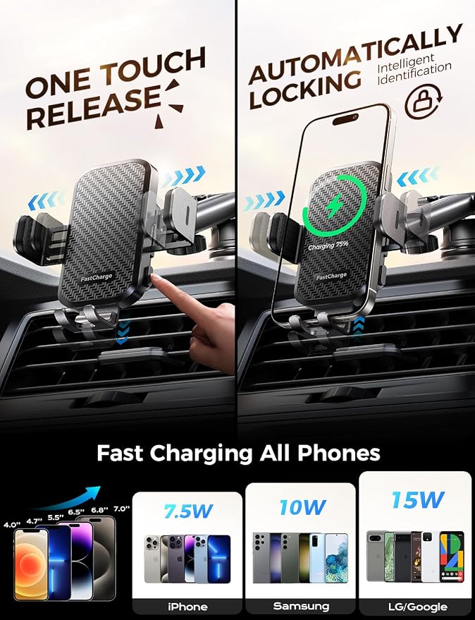 Wireless Car Charger with Phone Holder Mount 15W Fast Charging Auto Clamping Phone Holders for You Car Windshield Dashboard Air Vent Accessories for iPhone Samsung Galaxy Google etc