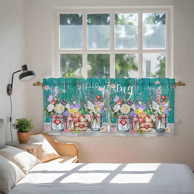 Spring Flowers Tier Curtains, Farmhouse Watercolor Teal Wood Grain Light
